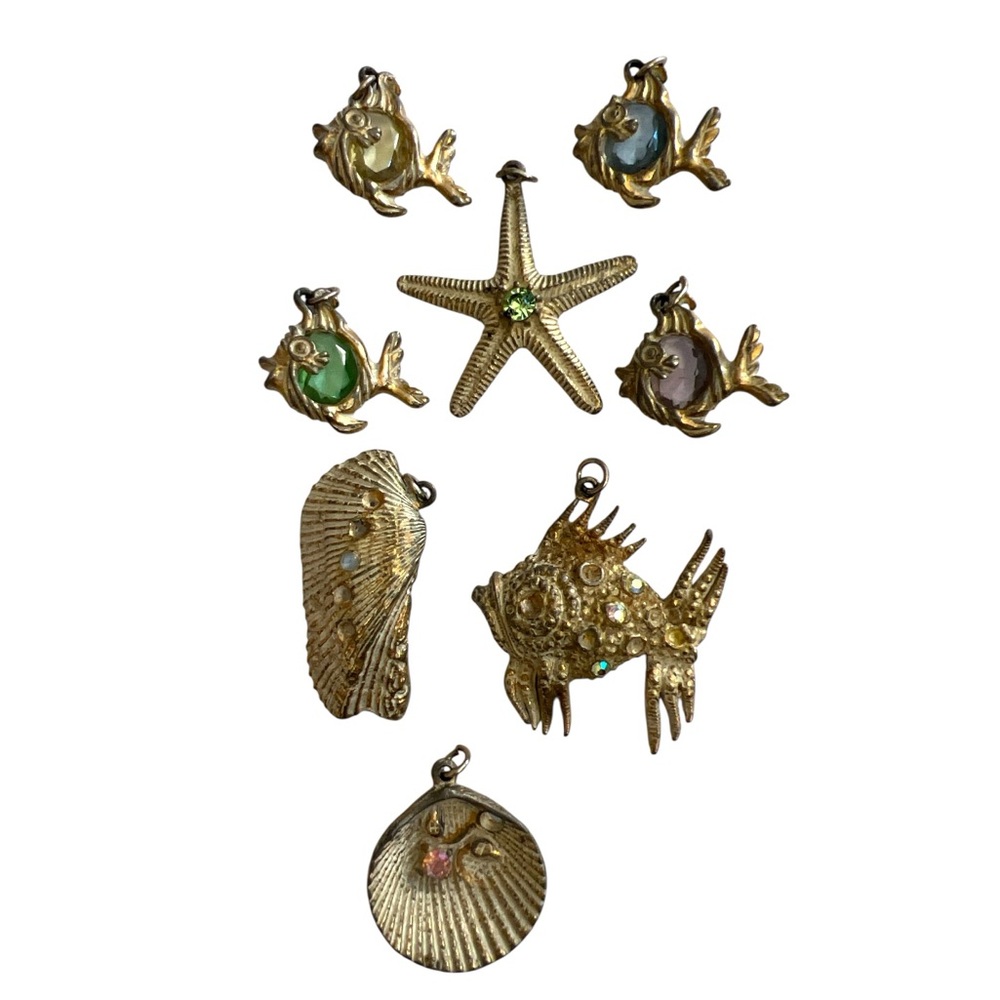 Vintage Charms Seashells Fish Starfish Rhinestone Pendant Gold Beachy Boho